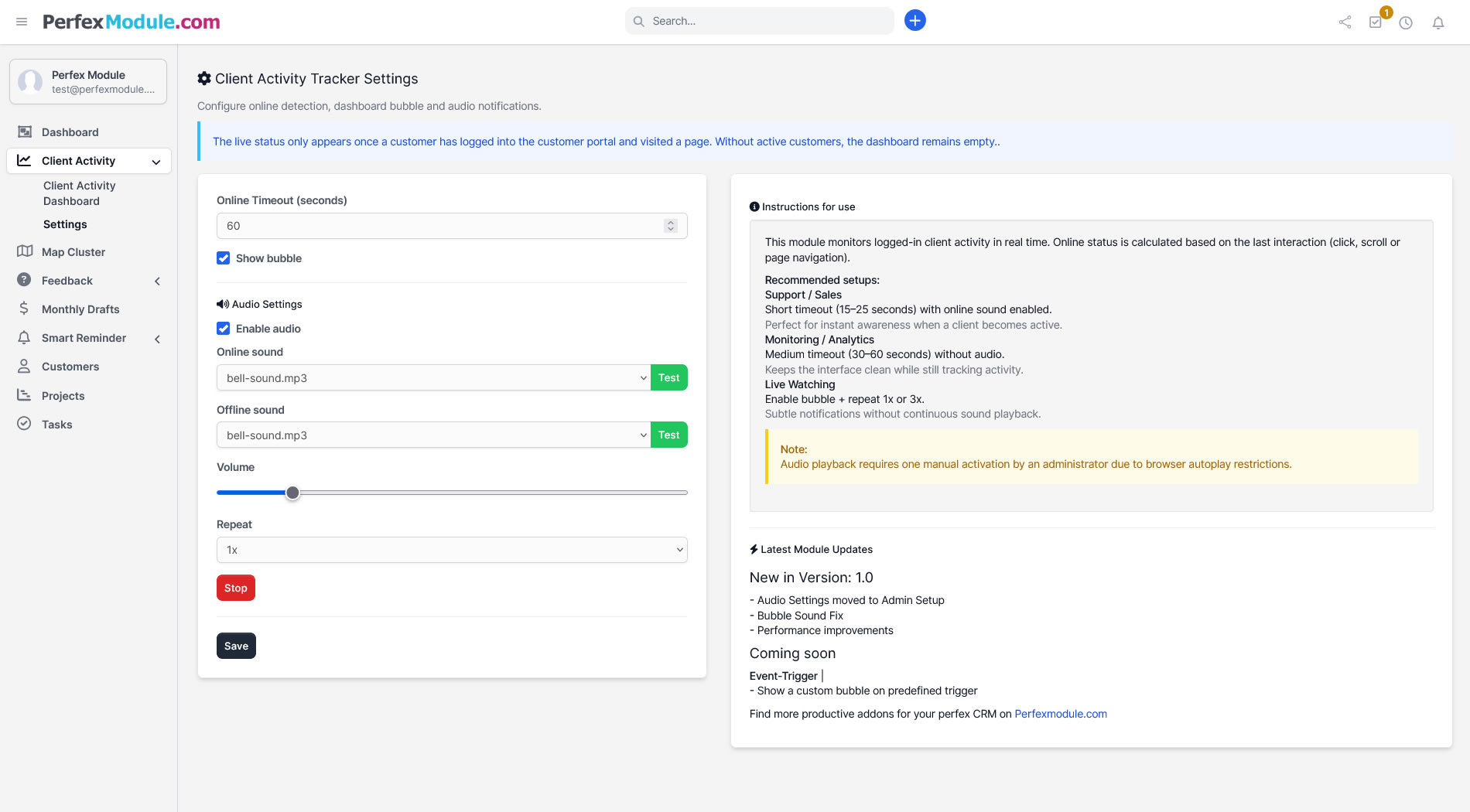 Client Activity Settings Screenshot